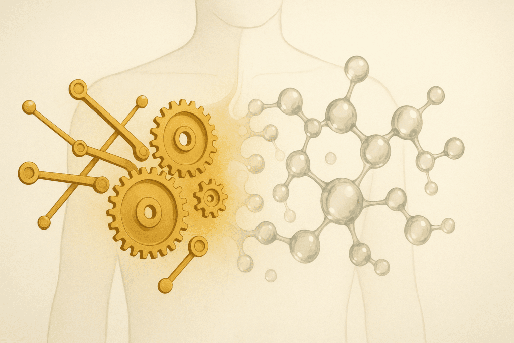 Torso silhouette blending golden gears and levers into translucent enzyme structures, illustrating the Meaning of Digestion.