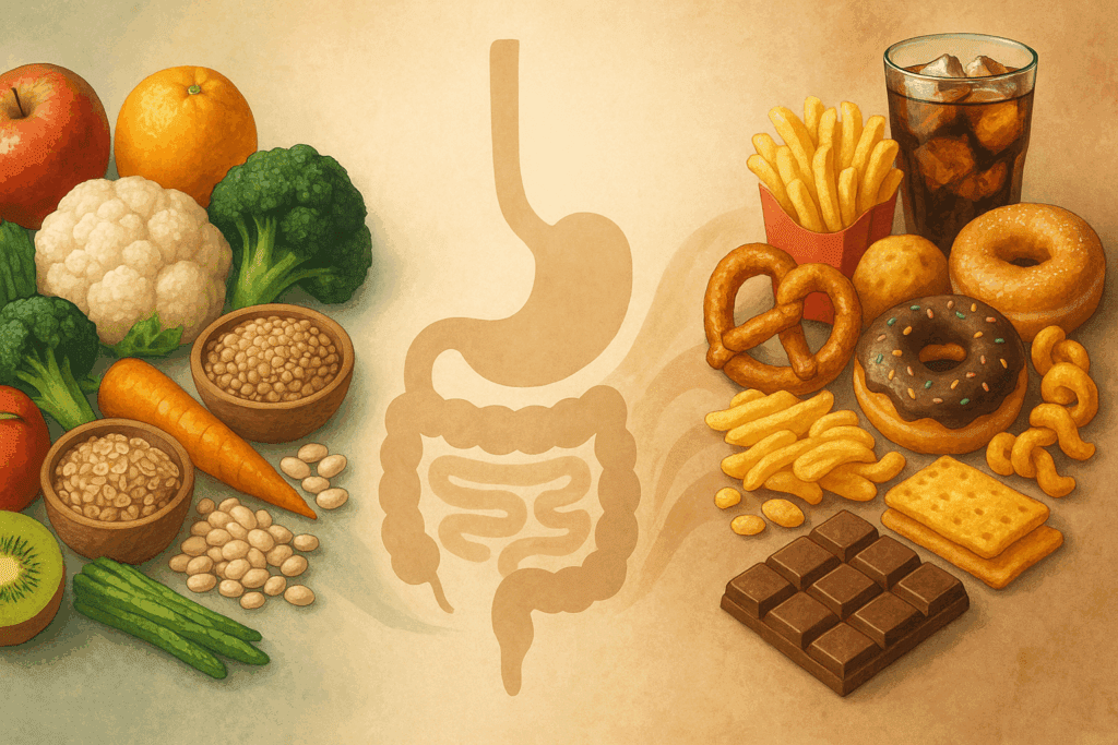 Whole foods on left and processed snacks on right flow into a digestive silhouette illustrating the Meaning of Digestion.