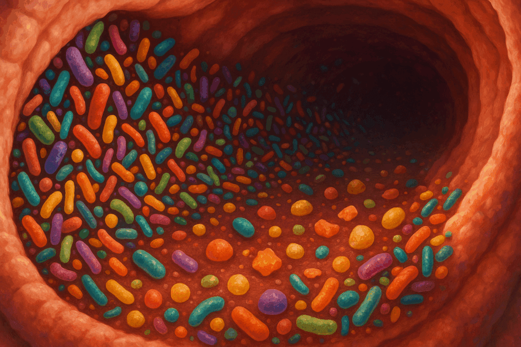 Colorful gut bacteria breaking down nutrients in a magnified colon lumen, illustrating the Meaning of Digestion.