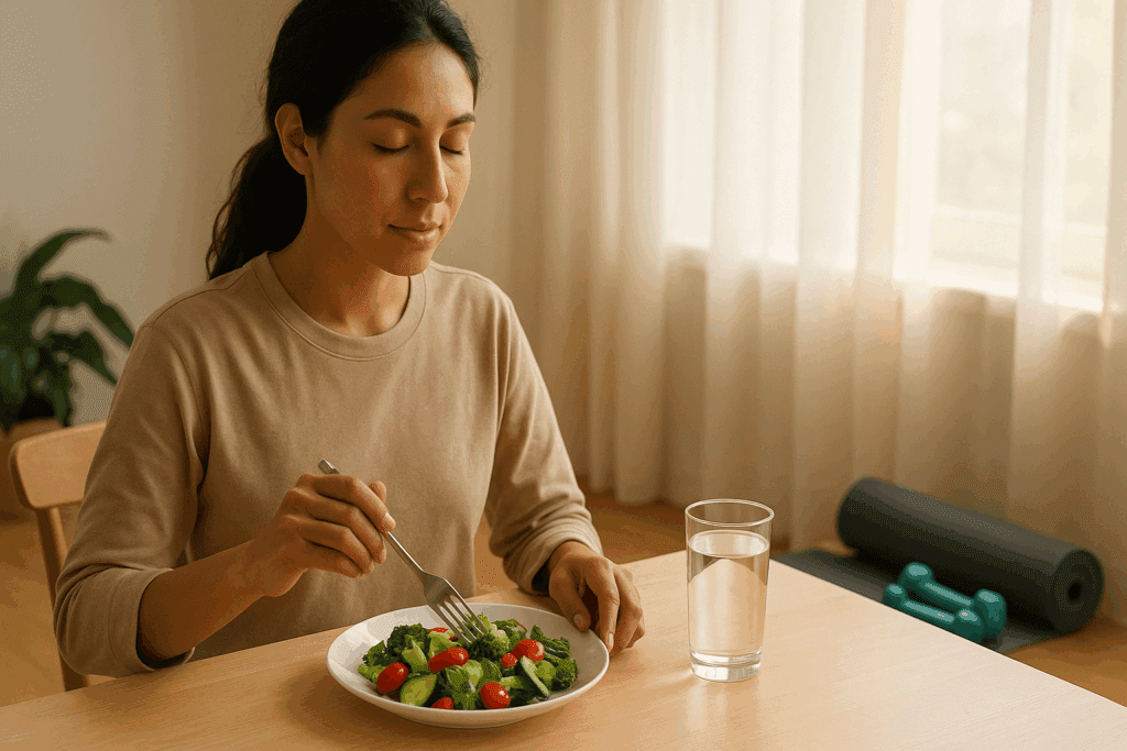 Person practicing mindful eating at a sunlit table with salad, water, and yoga mat illustrating the Meaning of Digestion