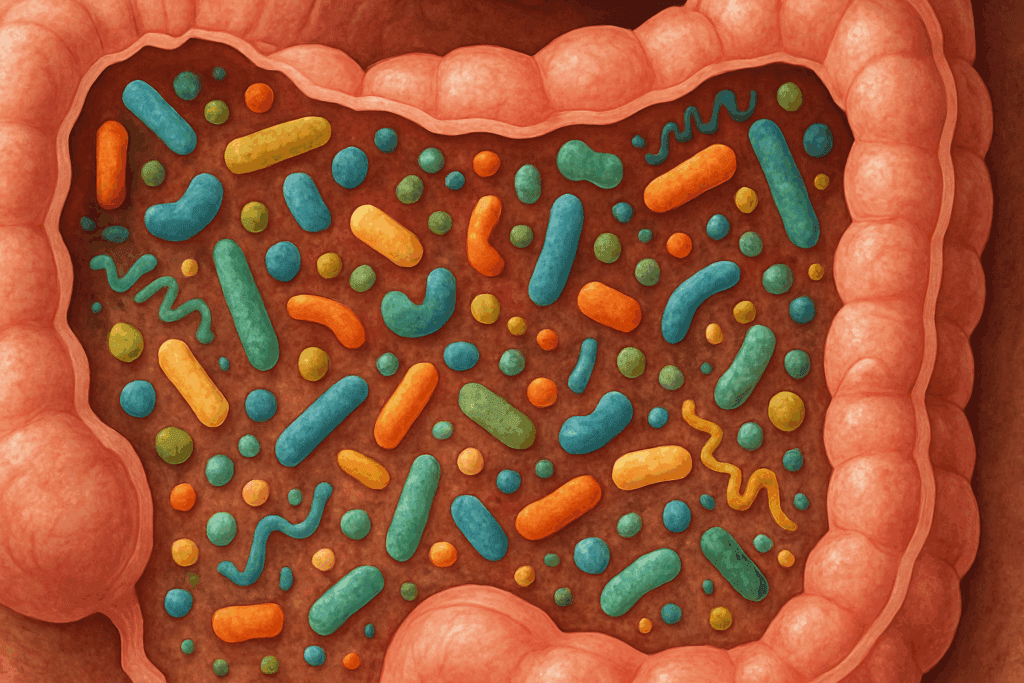 Conceptual illustration of the large intestine filled with diverse gut microbes, showing where your intestines are located in the body