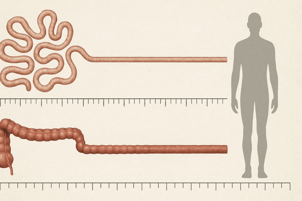Visual comparison showing where your intestines are located, with the small intestine long and coiled and the large intestine wider beside a human silhouette