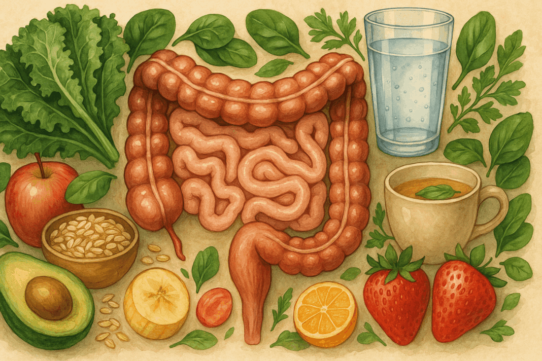 Anatomical illustration of a healthy lower digestive tract surrounded by leafy greens, fruits, whole grains, and herbal tea for digestive wellness.
