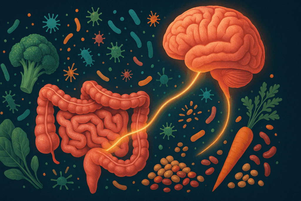 Conceptual illustration of the gut-brain axis showing the healthy lower digestive tract connected to the brain, surrounded by vegetables, legumes, and microbiota.