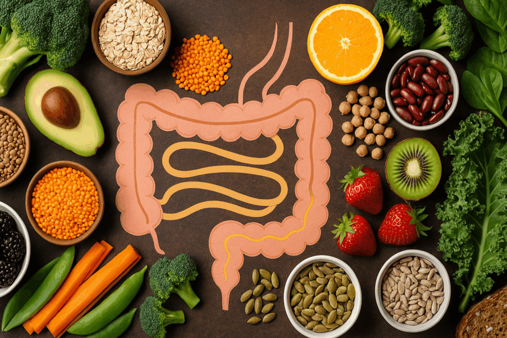 Colorful assortment of fiber-rich foods like fruits, vegetables, legumes, and seeds arranged around a stylized diagram of a healthy lower digestive tract.