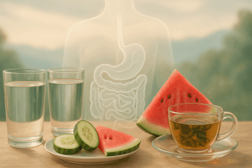Hydration sources like water, cucumber, watermelon, and herbal tea arranged with a soft illustration of a healthy lower digestive tract in the background.