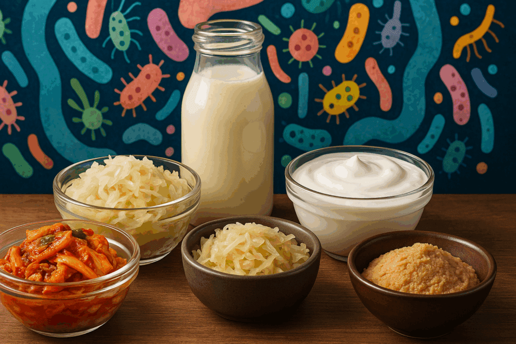 Colorful assortment of fermented foods including kimchi, yogurt, kefir, sauerkraut, and miso arranged in bowls with a symbolic gut bacteria background supporting a healthy lower digestive tract.