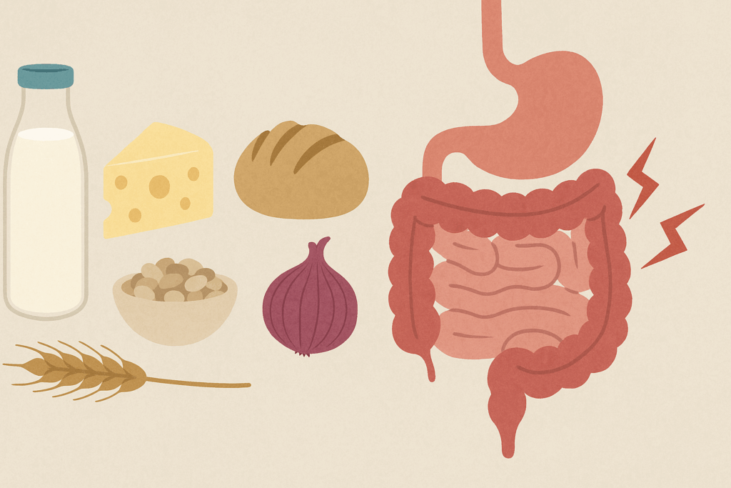 Common food intolerance triggers like dairy, gluten, legumes, and onion next to an inflamed but stylized illustration of a healthy lower digestive tract showing signs of irritation