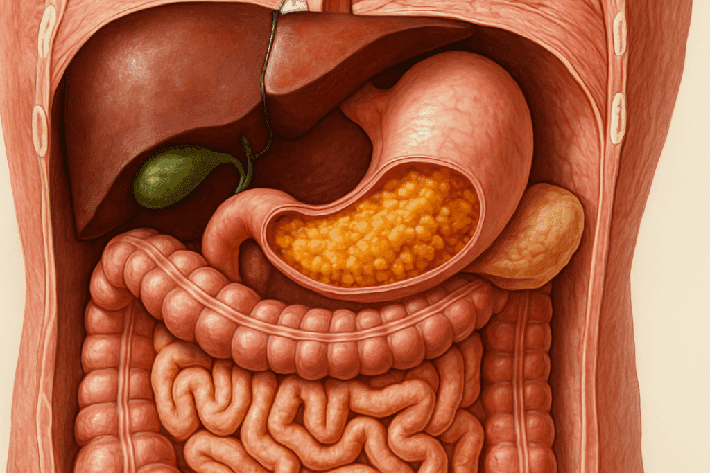 Cutaway anatomical view showing the location and anatomy of organs involved in digestion, including the stomach, liver, pancreas, gallbladder, and small intestine.