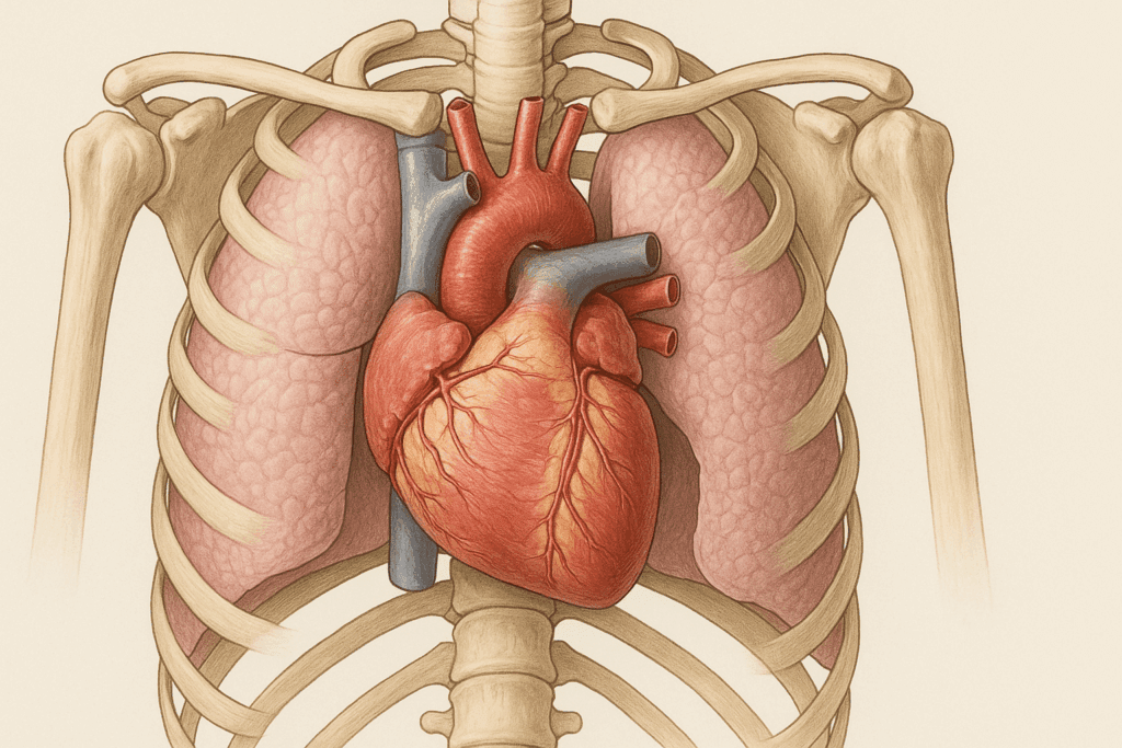 Realistic anatomical illustration showing the location and anatomy of organs, with the heart slightly left of center in the ribcage near the lungs and major vessels.