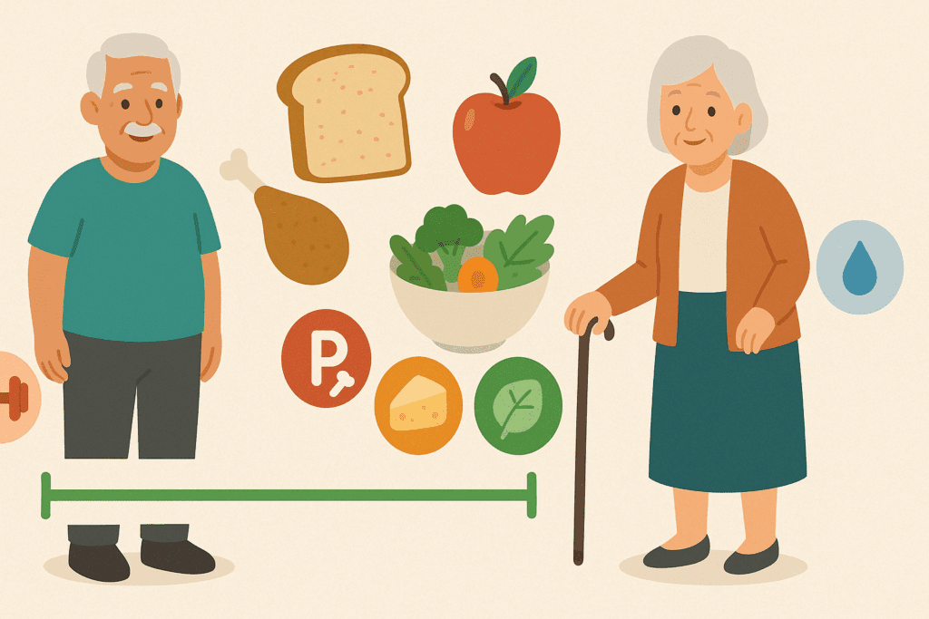 Infographic showing senior nutrition with healthy foods, exercise symbols, and the concept of How I Lost 268 Calories through lifestyle choices.