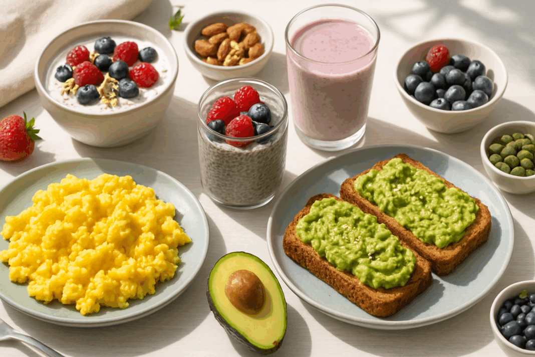 Scrambled eggs, avocado toast, chia pudding, Greek yogurt with berries, and a smoothie arranged on a sunlit table, showcasing healthy protein breakfast ideas.