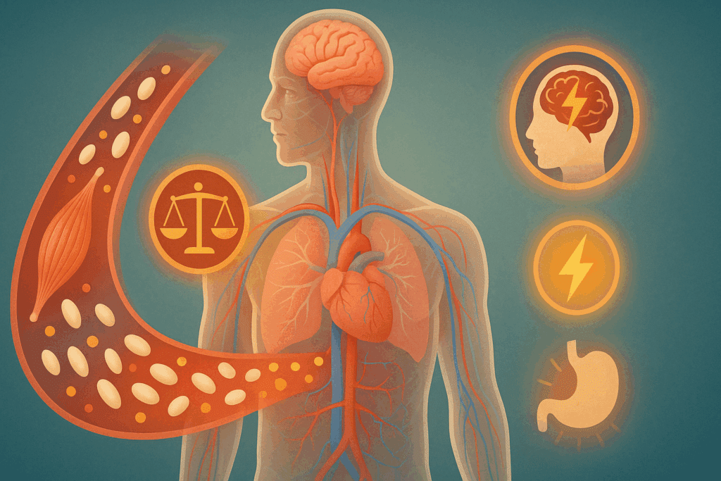 Conceptual anatomical illustration showing how a healthy protein breakfast supports muscle growth, hormone balance, and cognitive function.