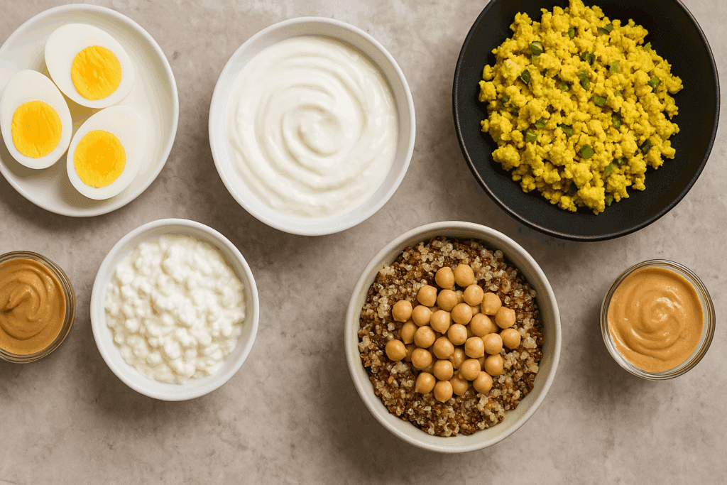 Boiled eggs, Greek yogurt, cottage cheese, tofu scramble, quinoa with chickpeas, and nut butters arranged on a marble surface as healthy protein breakfast ideas.
