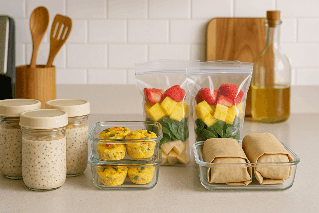 Prepped healthy protein breakfast ideas with overnight oats, egg muffins, smoothie bags, and burritos on a kitchen counter in reusable containers.