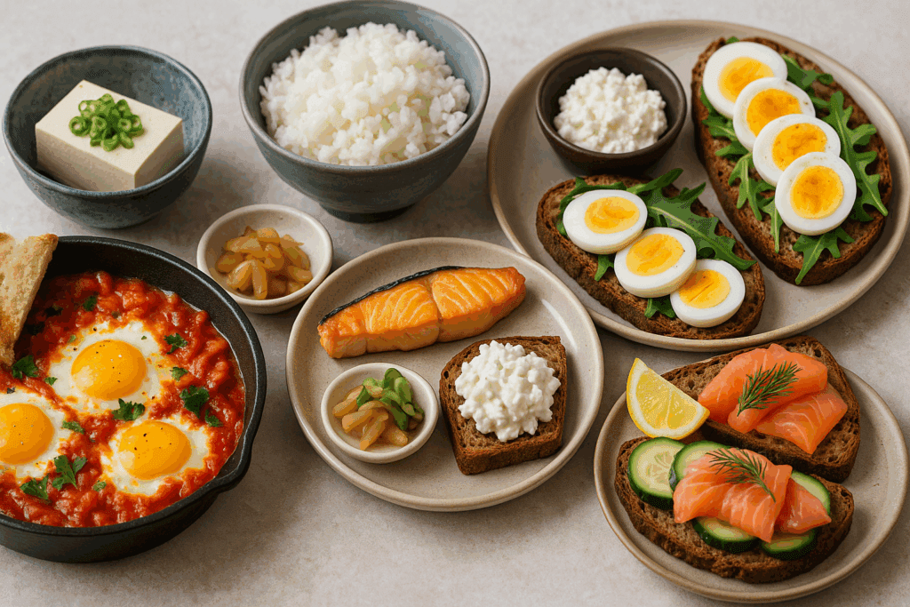 Healthy Protein Breakfast Ideas featuring shakshuka, Japanese grilled salmon with tofu and rice, and Scandinavian open-faced egg and smoked salmon sandwiches.