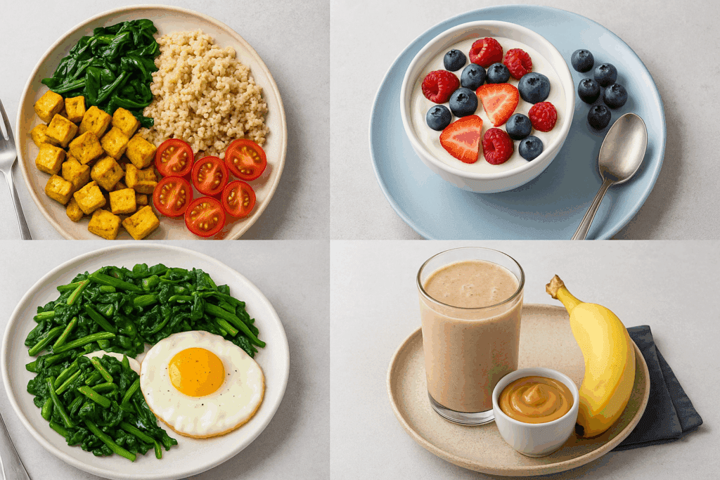 Healthy protein breakfast ideas shown in four colorful plates: vegan tofu with quinoa, vegetarian yogurt with berries, eggs with greens for diabetics, and an athlete’s smoothie with banana and peanut butter.
