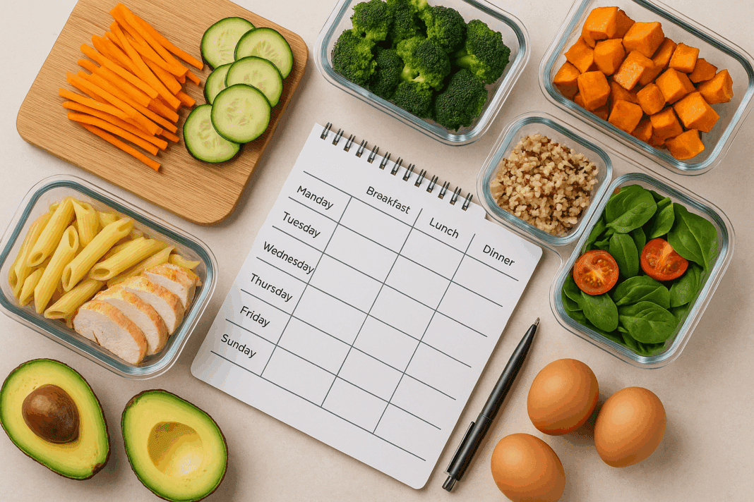 A high-resolution photo of a weekly meal prep layout featuring glass containers filled with cooked chicken, pasta, quinoa, broccoli, spinach, sweet potatoes, and fresh vegetables, with a blank meal planning notebook, avocados, and eggs on a beige countertop, captured under soft natural light to represent stress-free, balanced nutrition planning