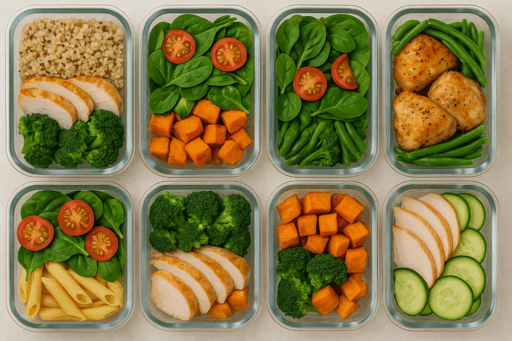 A high-quality overhead image of nine glass meal prep containers arranged on a beige countertop, each filled with balanced meals featuring grilled chicken, quinoa, sweet potatoes, broccoli, spinach