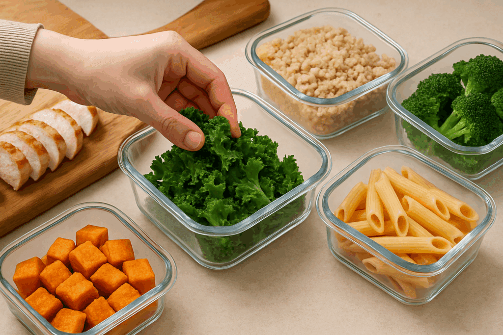 A close-up photo of a hand placing fresh curly kale into a glass meal prep container, surrounded by sliced grilled chicken, roasted sweet potatoes, steamed broccoli, cooked penne pasta, and quinoa on a beige countertop, illustrating healthy weekly meal preparation