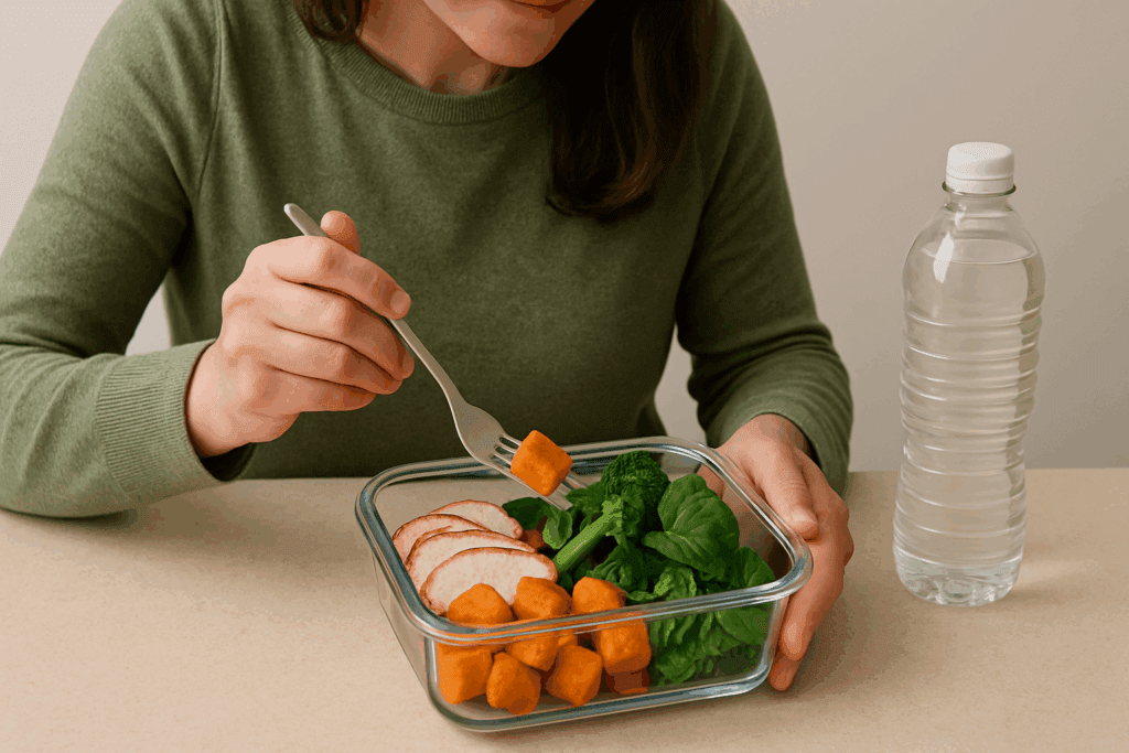 A photo of a woman in an olive-green sweater enjoying a healthy meal from a glass container filled with roasted sweet potatoes, grilled chicken, and steamed broccoli, with a water bottle on a beige countertop, representing stress-free, balanced eating habits