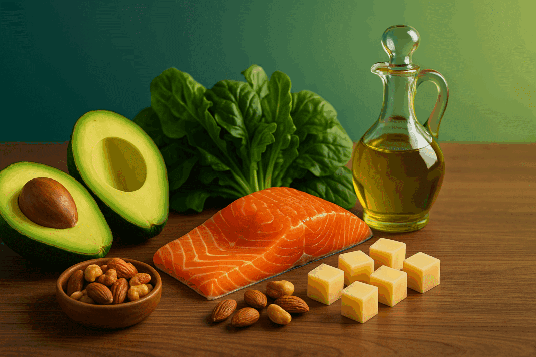 Halved avocados, salmon fillet, mixed nuts, cheese cubes, leafy greens and olive oil drizzler on wooden table for keto diet