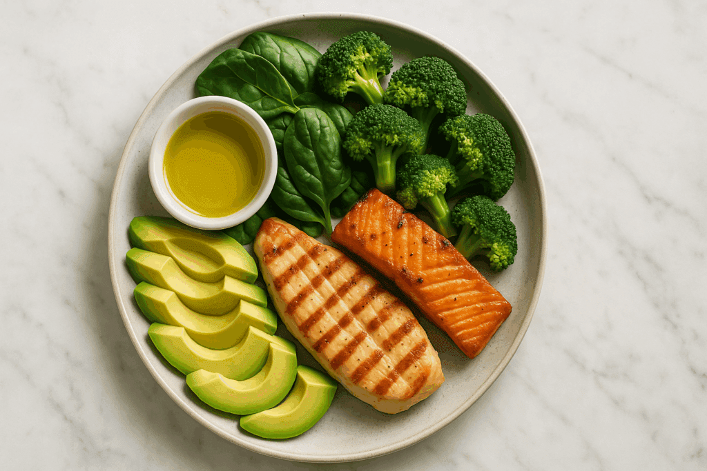 Top-down view of a balanced keto diet plate with avocado, olive oil, chicken, salmon, spinach, broccoli