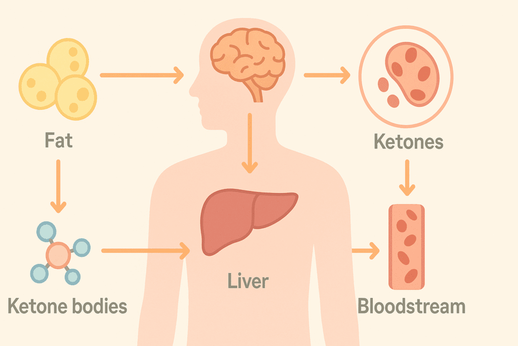 Human silhouette showing fat converted in the liver to ketones fueling the brain via bloodstream on a keto diet