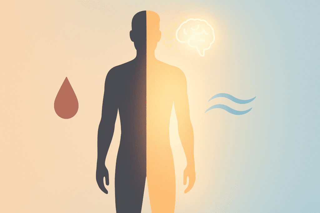 Silhouette half in shadow and half glowing fit with brain, blood drop, and swirls icons illustrating keto diet benefits