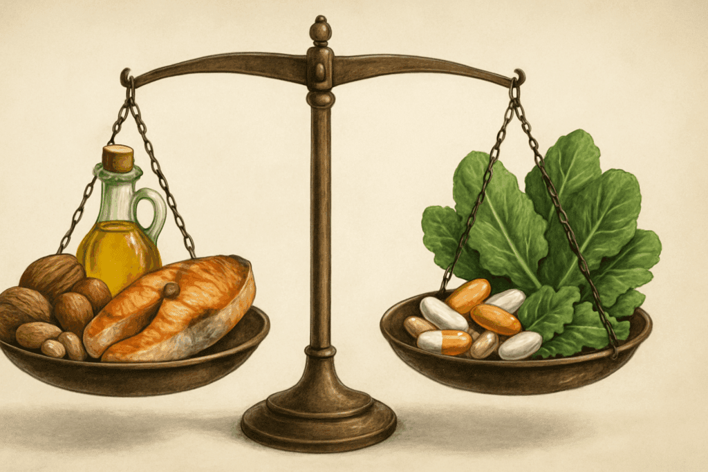 Balanced brass scale weighing keto diet foods like salmon, nuts, and olive oil against supplement capsules and leafy greens.