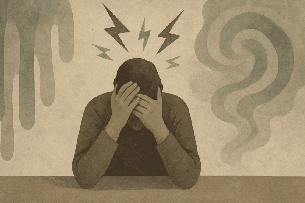 Person at a table with head in hands, surrounded by abstract visuals of headache, fatigue, and nausea from a keto diet