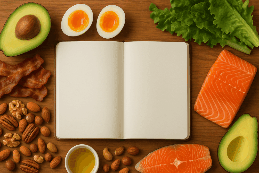 Blank planner on wood surface surrounded by avocado, eggs, bacon, salmon, olive oil, greens for 7 day keto meal plan PDF.