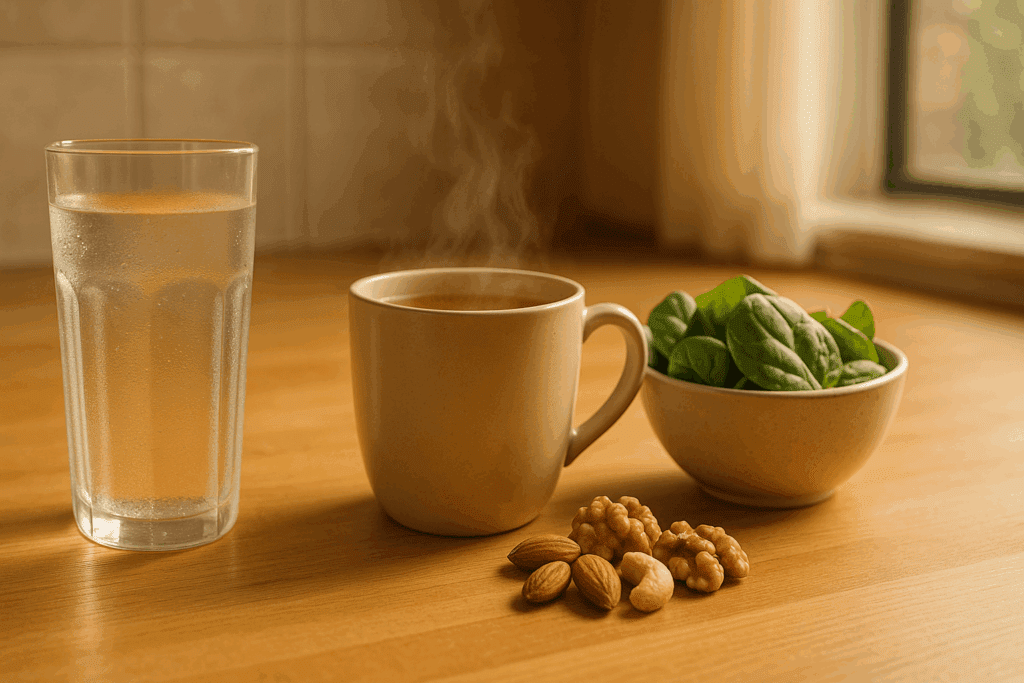 Tall clear glass of water, steaming bone broth mug, spinach, and mixed nuts on a sunlit counter for 7 day keto meal plan PDF