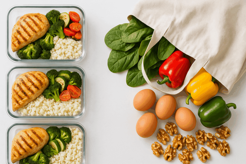 Prep containers with grilled chicken, roasted veggies, cauliflower rice beside eggs and spinach for 7 day keto meal plan PDF