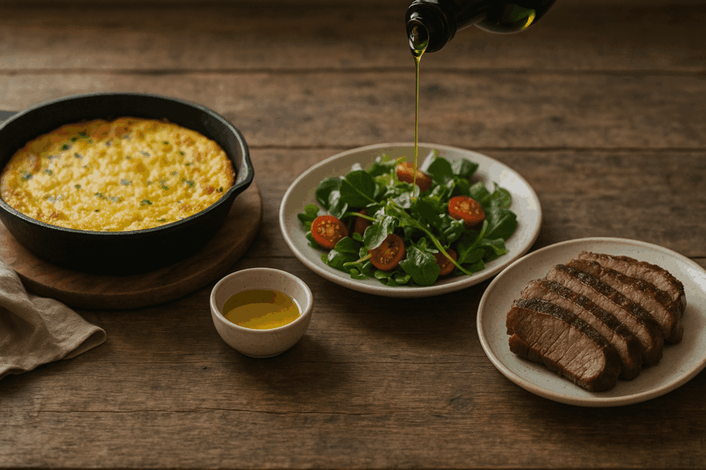 Rustic table with cast-iron frittata, olive oil–drizzled salad, grilled meat and dipping bowl for 7 day keto meal plan PDF.