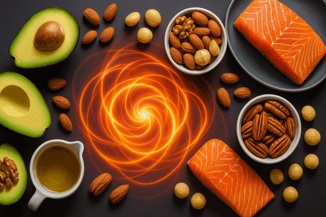 Avocados, nuts, olive oil, and salmon arranged around glowing swirl illustrating how to start the keto diet for beginners.