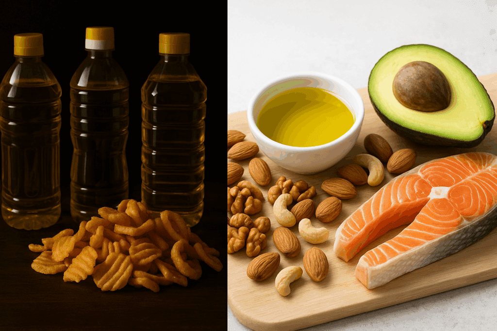 Processed seed oils and fried snacks versus olive oil, avocado, nuts, fish showing how to start the keto diet for beginners
