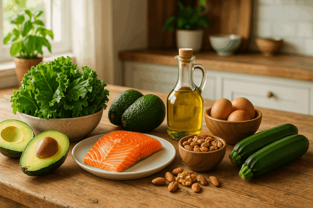 Fresh ingredients showing what to eat on a low carb diet, including leafy greens, avocados, salmon, eggs, olive oil, nuts, and zucchini on a rustic kitchen table.