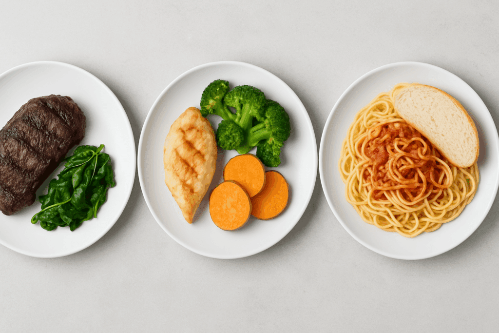 Three plates showing examples of what to eat on a low carb diet with a steak and spinach meal, a moderate carb chicken and broccoli dish, and a high-carb pasta and bread meal.
