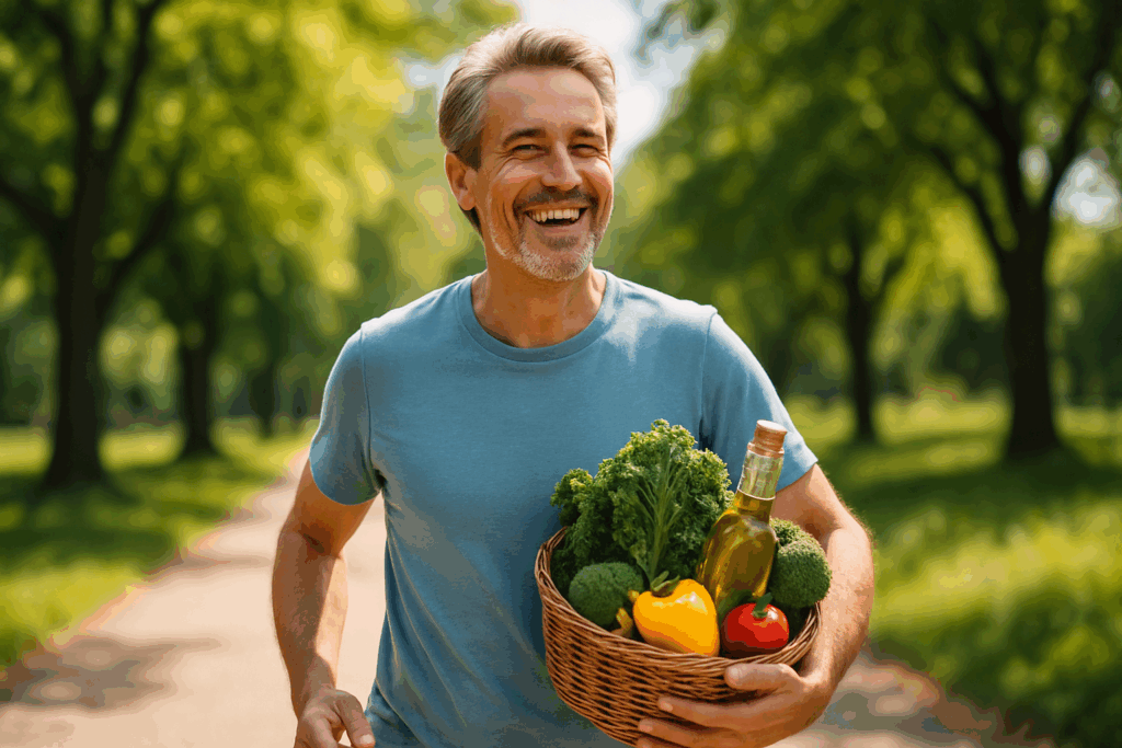 Happy middle-aged man walking outdoors on a sunny day carrying a basket of vegetables and olive oil, illustrating what to eat on a low carb diet.