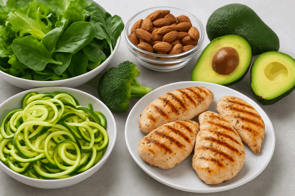 Fresh spread of leafy greens, grilled chicken, zucchini noodles, eggs, avocados, and almonds arranged on a kitchen counter, showing what to eat on a low carb diet.
