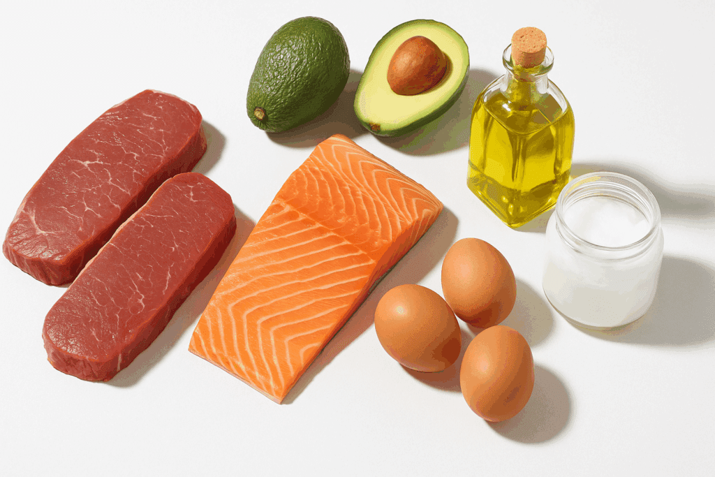 Raw steaks, salmon fillet, avocados, eggs, olive oil, and coconut oil displayed on a white surface showing what to eat on a low carb diet.
