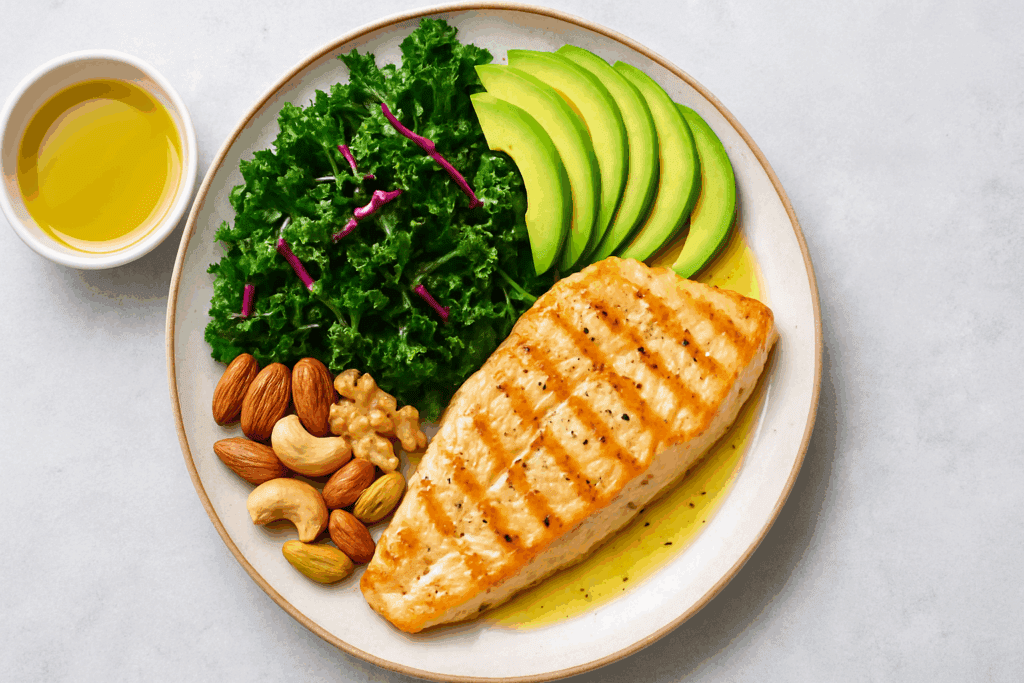 Grilled fish, kale salad, avocado slices, mixed nuts, and olive oil on a plate showing what to eat on a low carb diet.