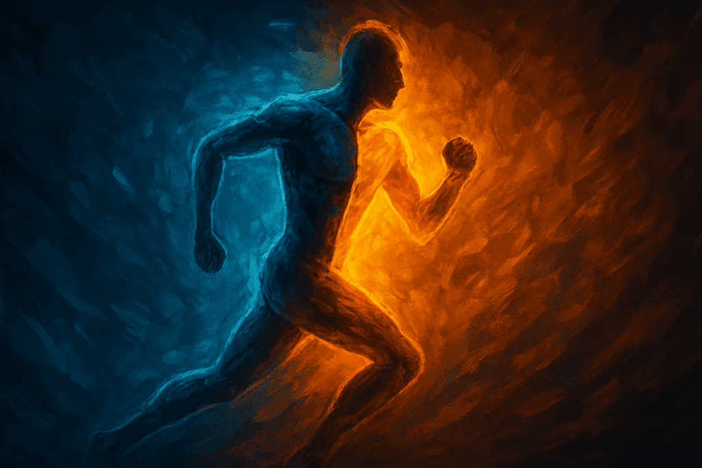 Artistic illustration of a human figure transitioning from glucose to fat energy, symbolizing metabolic changes related to what to eat on a low carb diet.