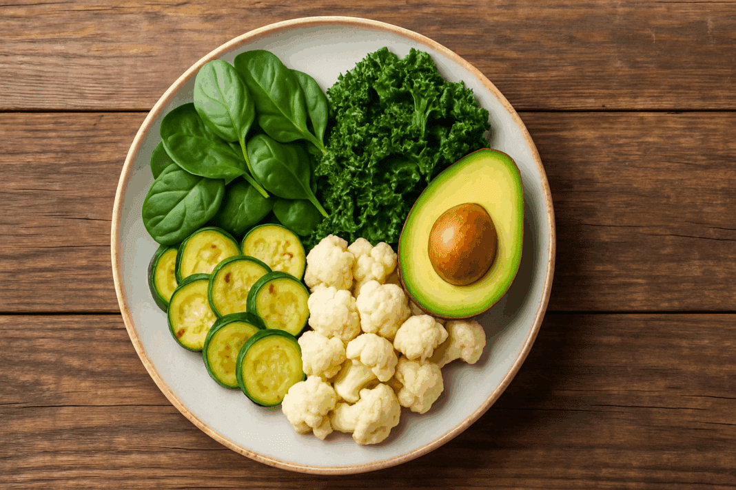 Rustic wooden table featuring a vibrant plate of keto vegetables including spinach, kale, zucchini, cauliflower, and avocado.