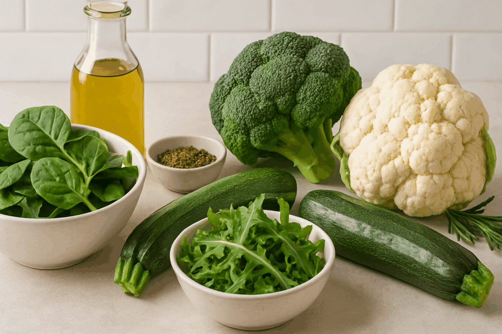 Fresh assortment of keto vegetables including spinach, arugula, zucchini, broccoli, and cauliflower with olive oil and herbs on a kitchen counter.