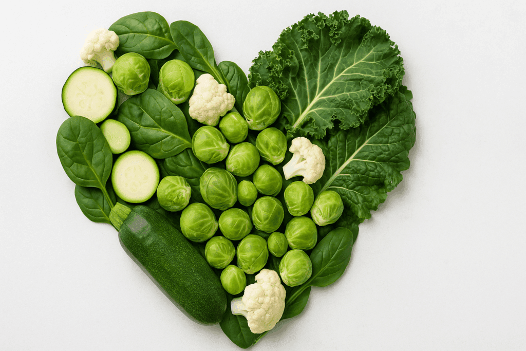 Heart-shaped arrangement of fresh keto vegetables including spinach, kale, Brussels sprouts, cauliflower, and zucchini on a light background.