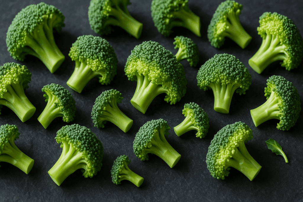 Fresh broccoli florets scattered on a dark slate surface, highlighting their texture and vibrancy as keto vegetables.