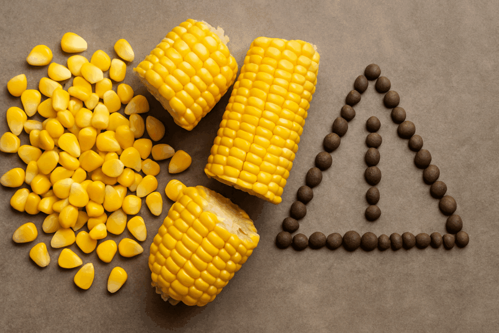 Corn kernels and cobs next to a caution symbol made from natural stones, highlighting corn’s role among Keto vegetables.
