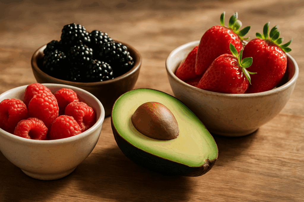 Fresh keto vegetables including avocado, raspberries, blackberries, and strawberries arranged in bowls on a wooden table in natural light